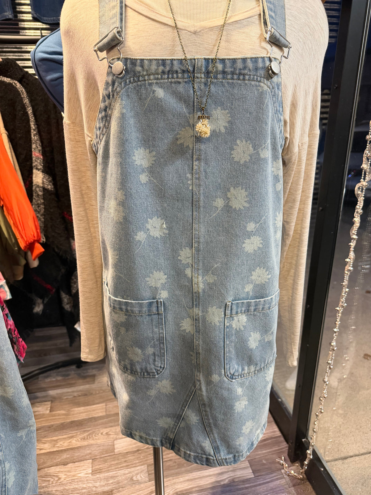 Dandelion Print Washed Denim Overall Mini Dress