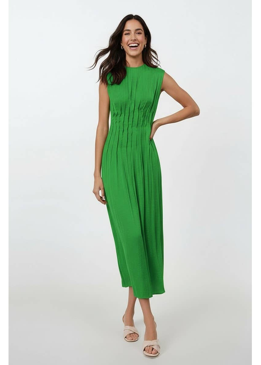 Silky Pleated Midi Dress - green or red
