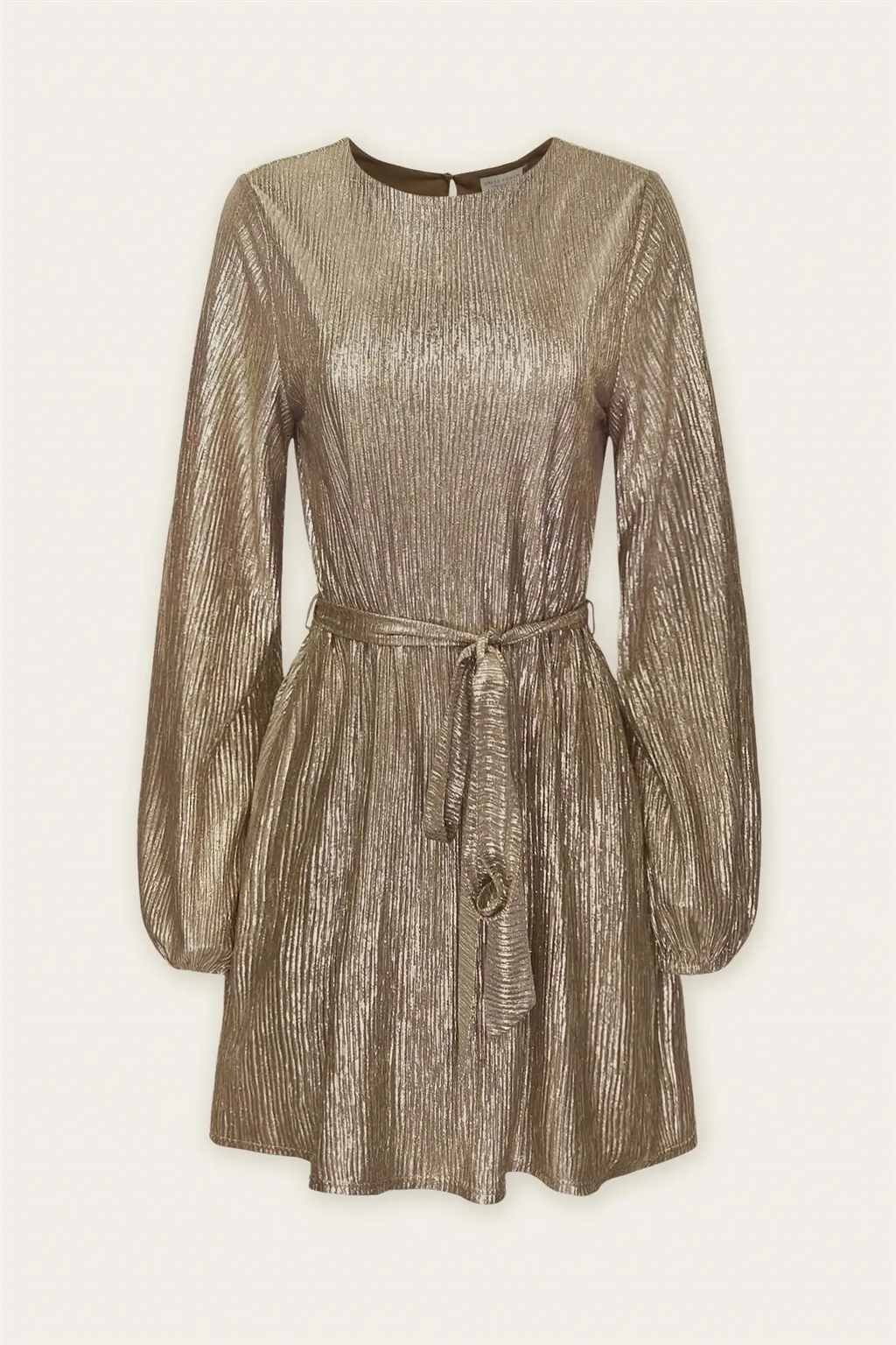 Gold Pleated Tie Waist Mini Dress