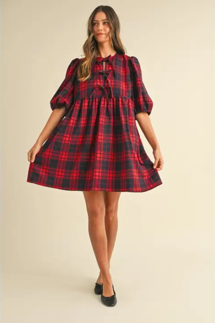 Plaid Ribbon Tie Mini Dress