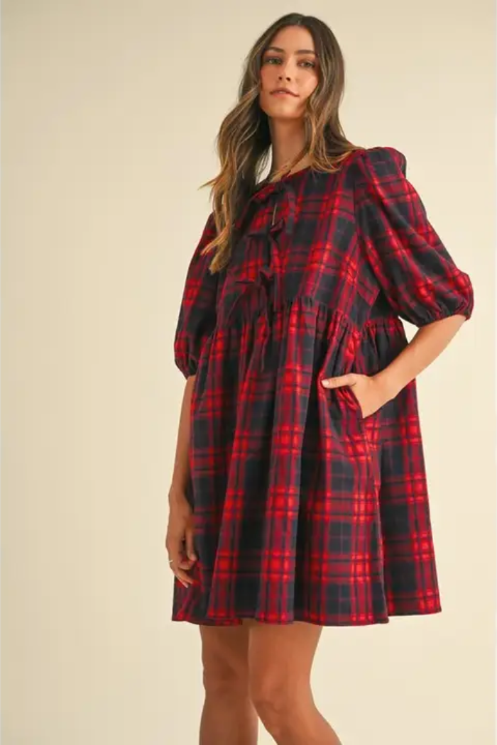 Plaid Ribbon Tie Mini Dress
