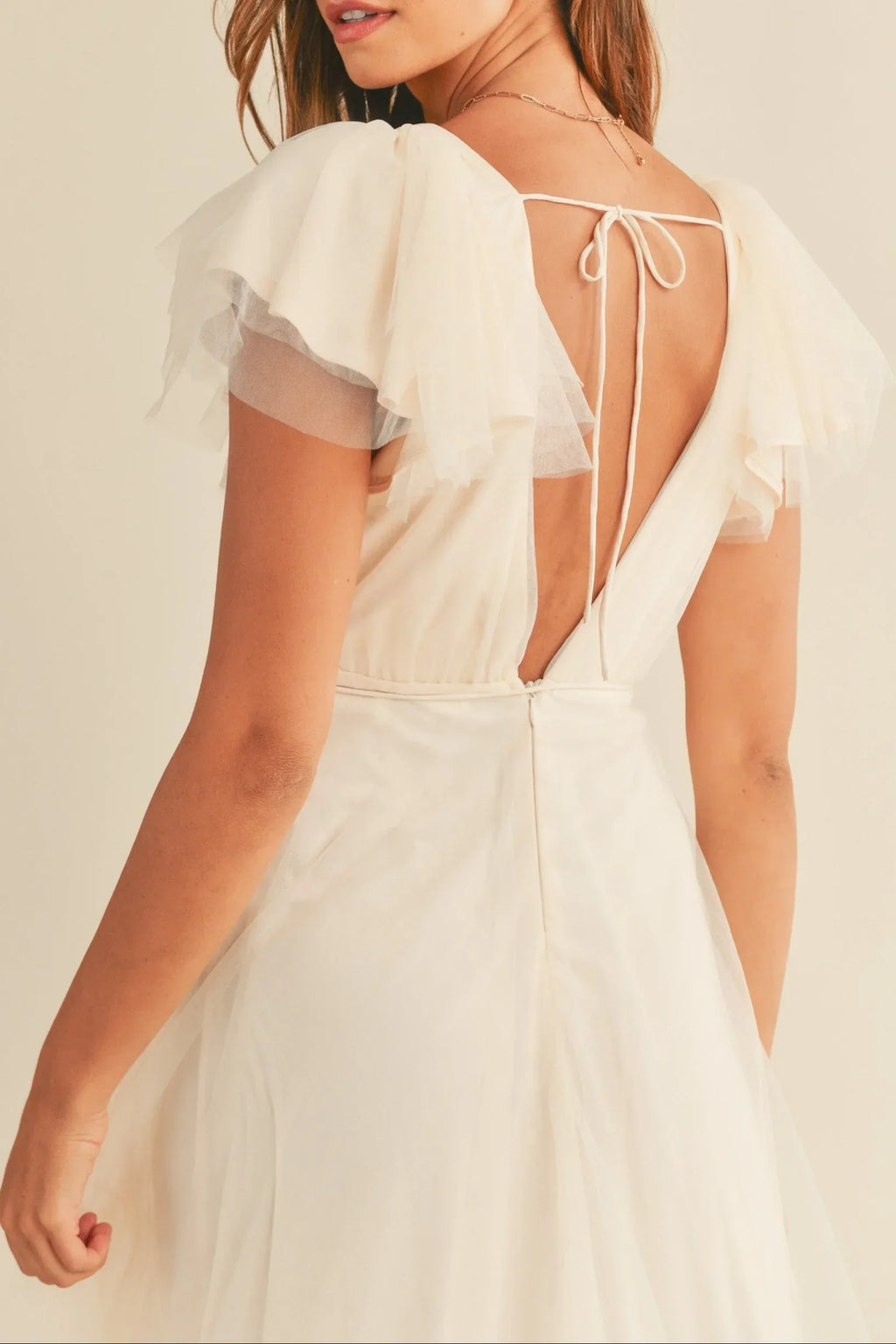 Tulle V neck Ruffle Sleeve Midi Dress