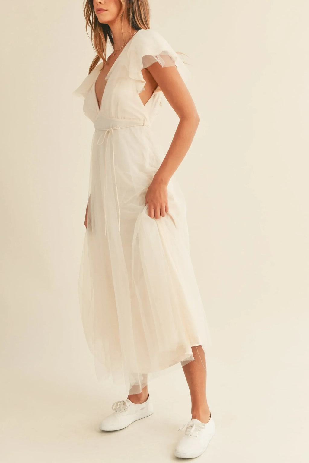 Tulle V neck Ruffle Sleeve Midi Dress