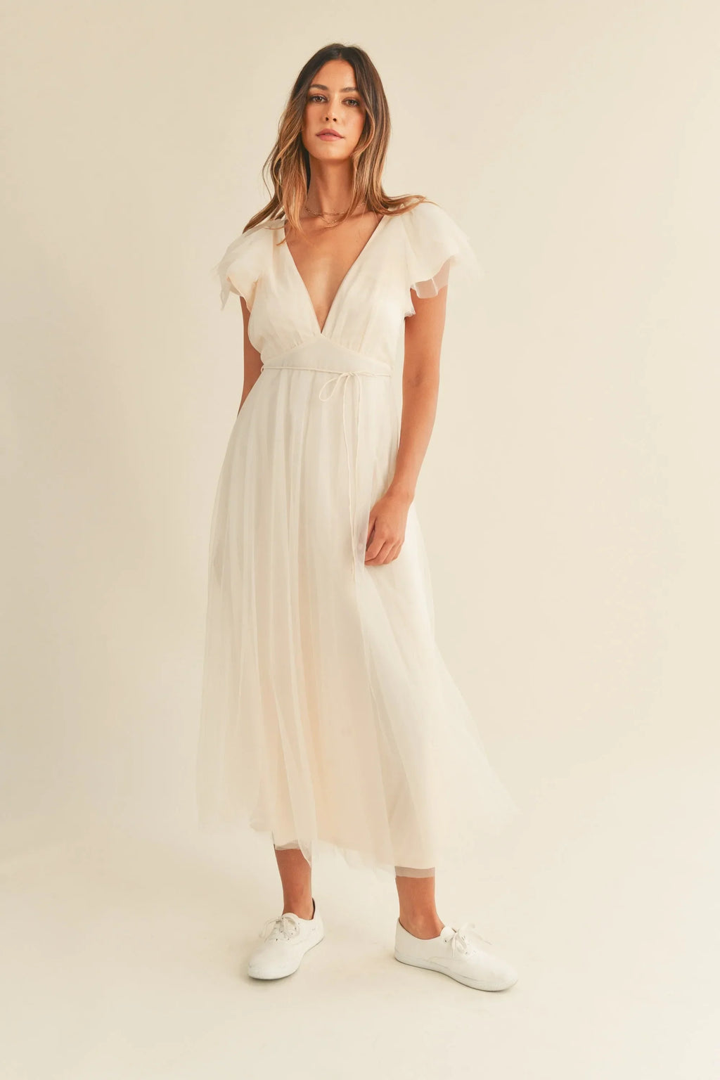 Tulle V neck Ruffle Sleeve Midi Dress