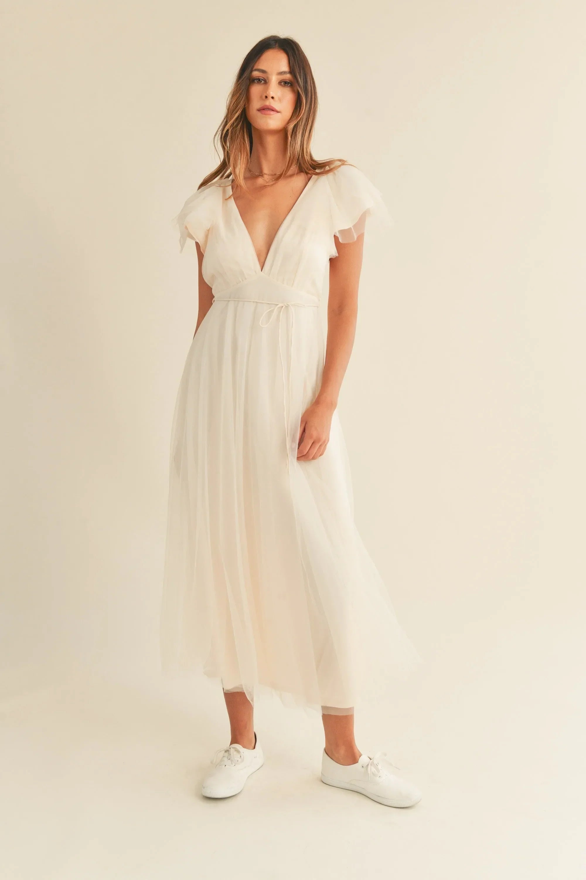 Tulle V neck Ruffle Sleeve Midi Dress