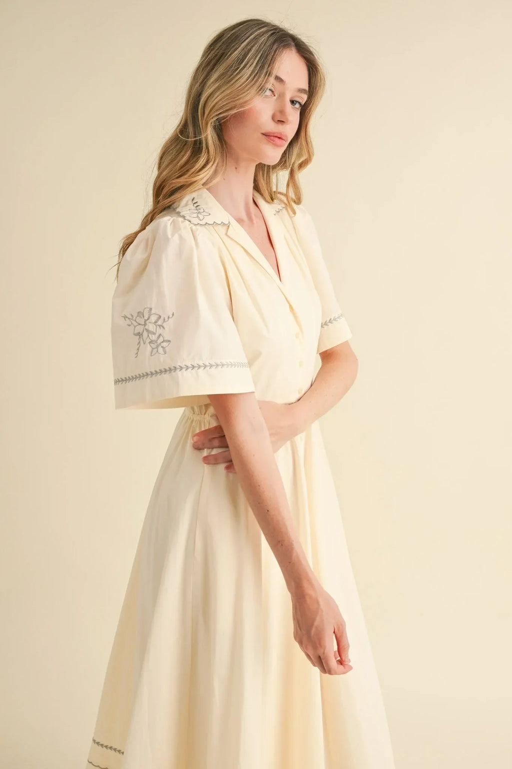 Embroidery Floral Button Down Maxi Dress