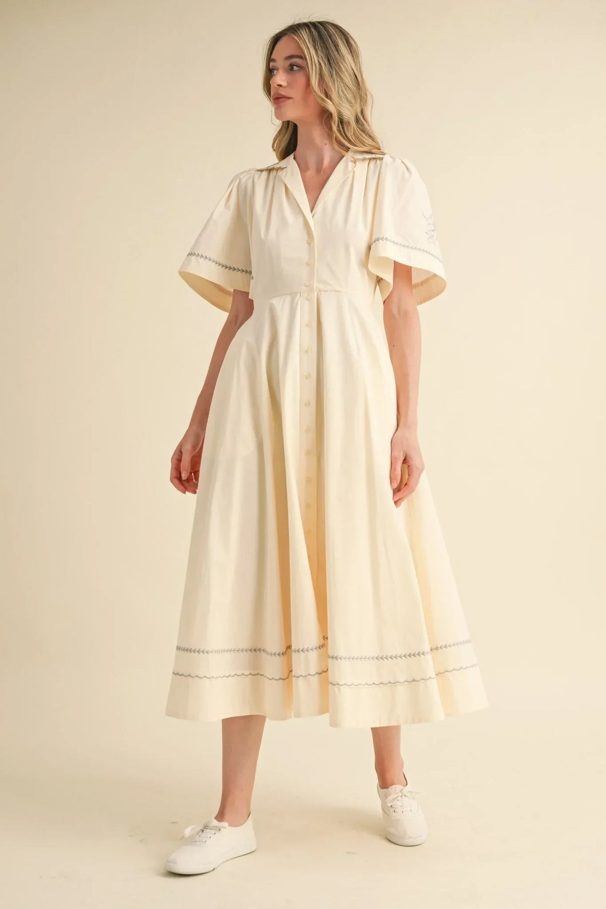 Embroidery Floral Button Down Maxi Dress
