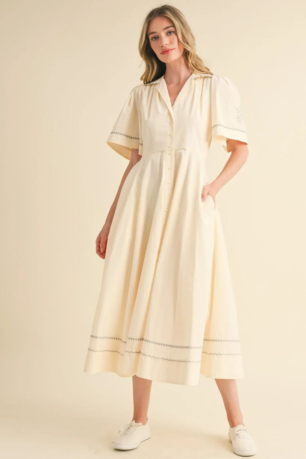 Embroidery Floral Button Down Maxi Dress