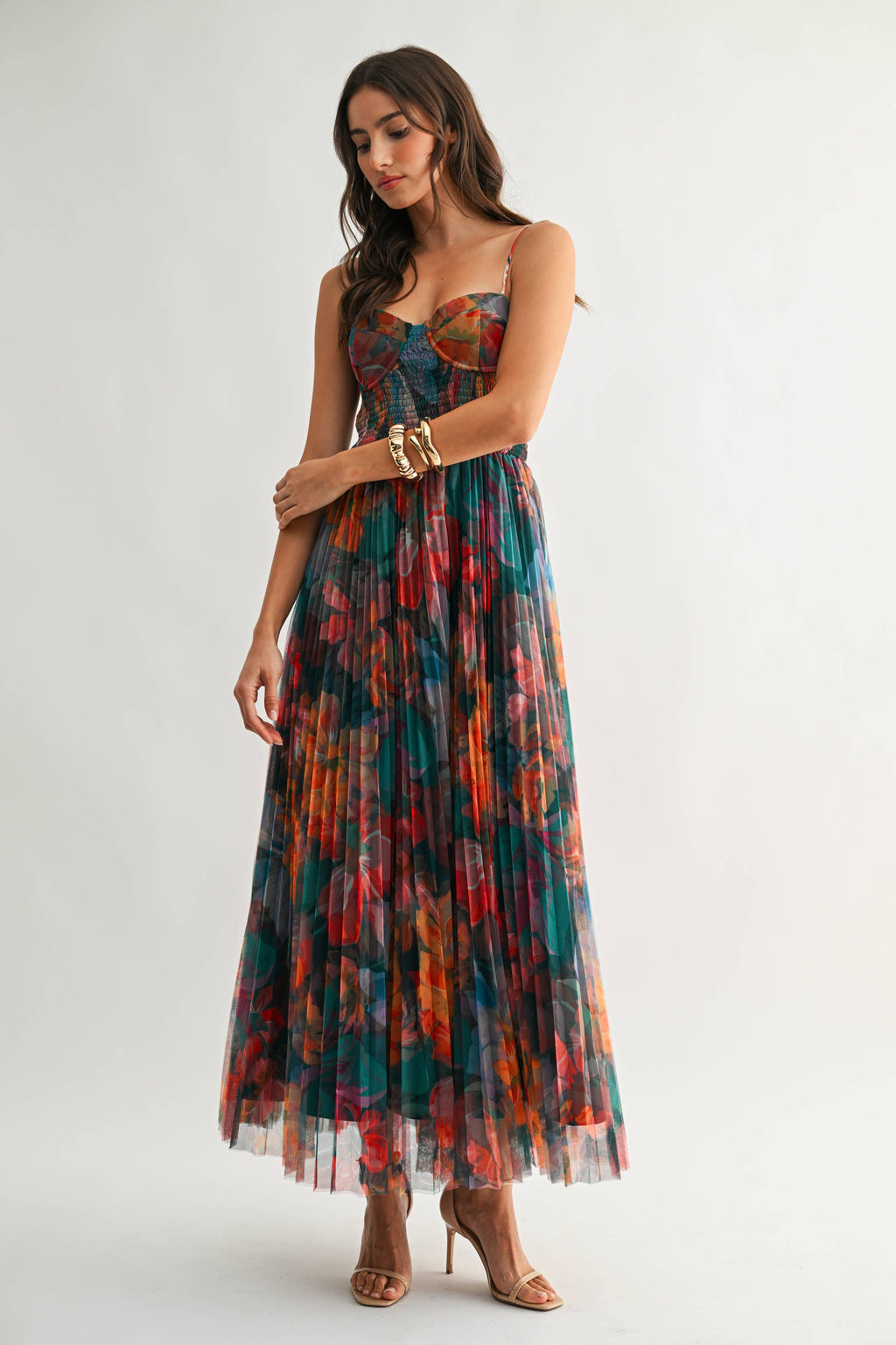MIDNIGHT BLOOM PLEATED MAXI DRESS *FS