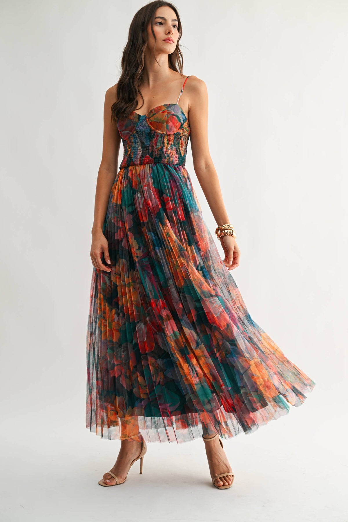 MIDNIGHT BLOOM PLEATED MAXI DRESS *FS