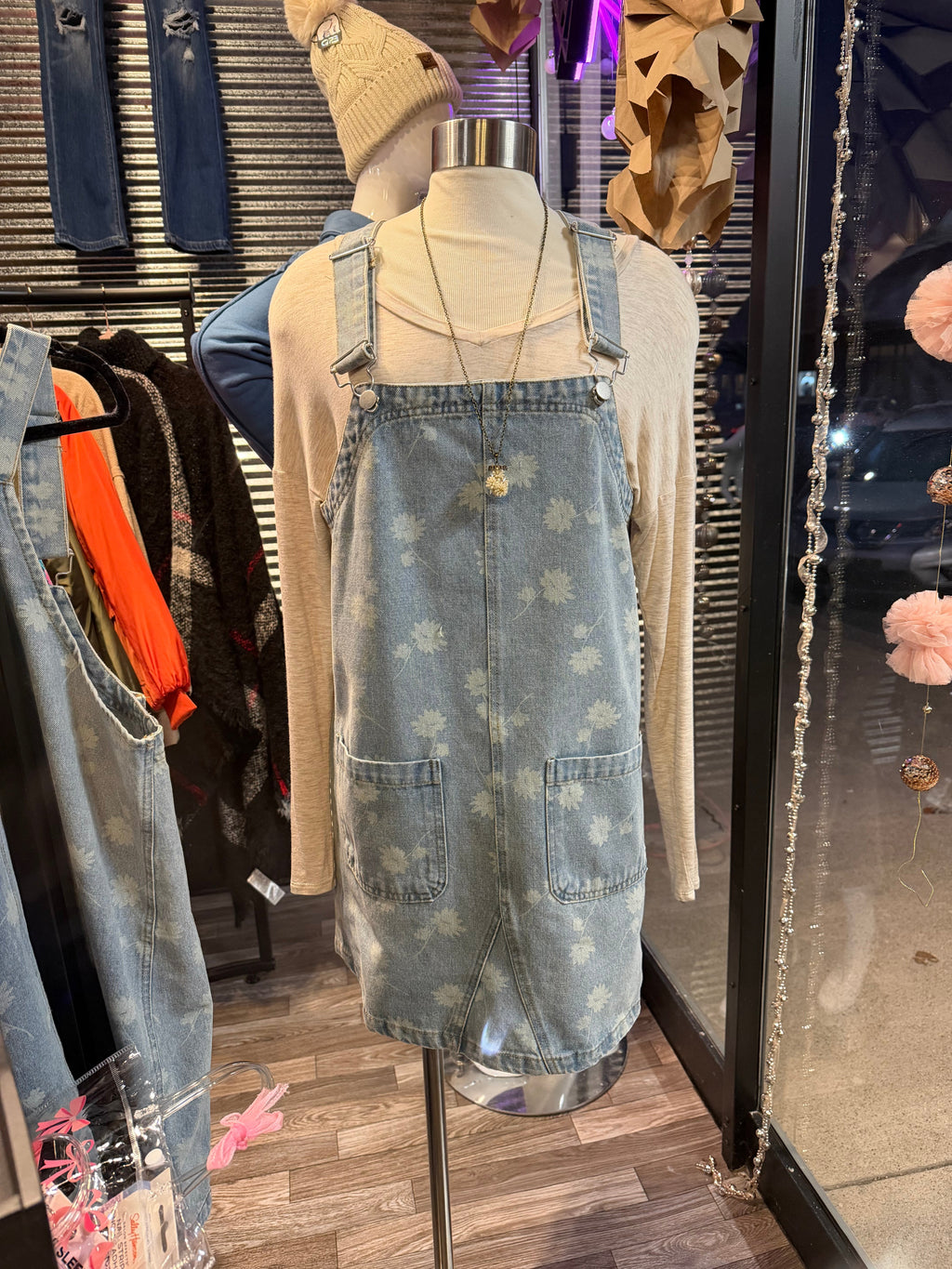 Dandelion Print Washed Denim Overall Mini Dress