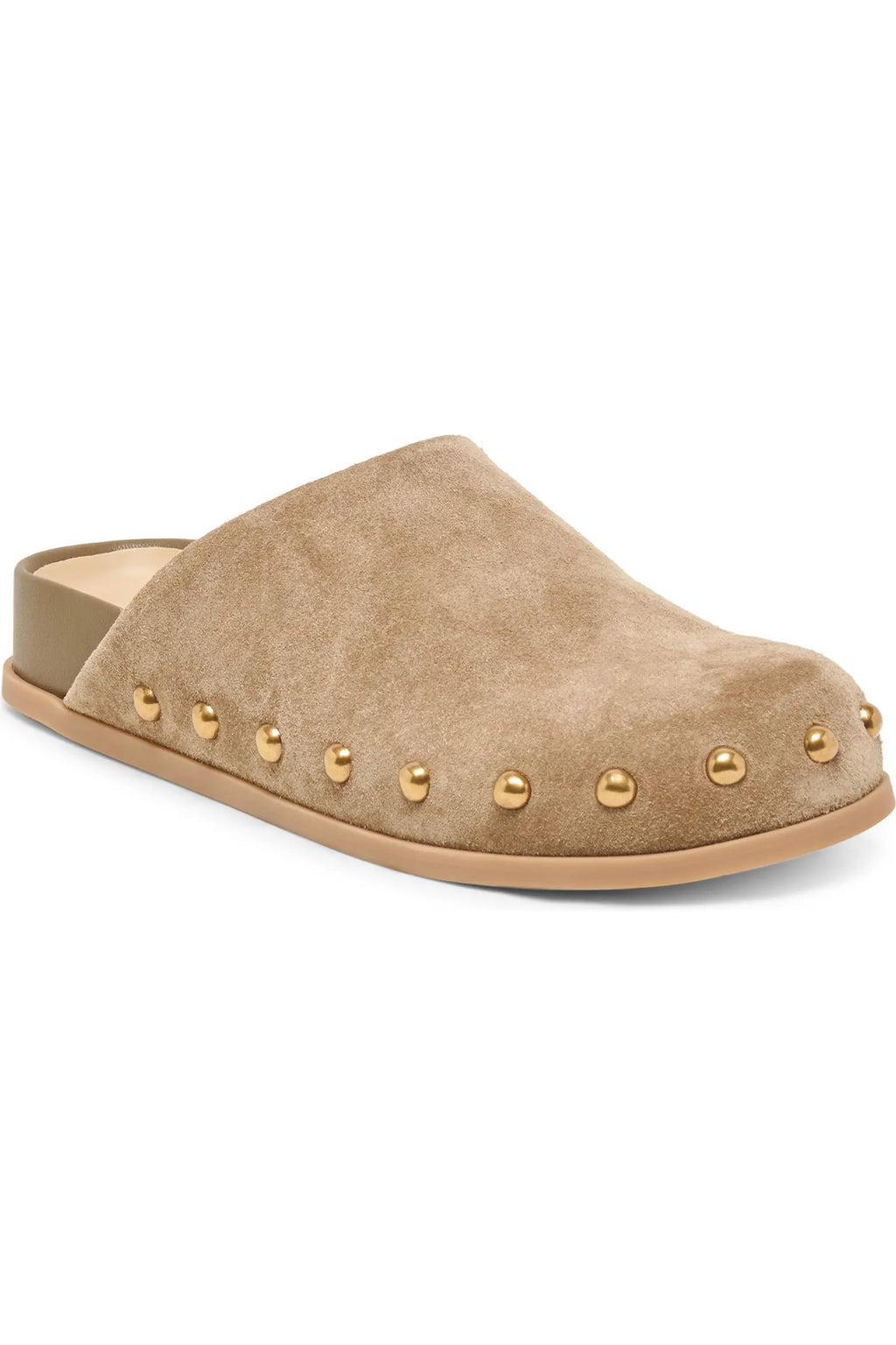 Joney Stud Flat Mule- Taupe Suede