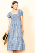 Blue Skies Gingham Puff Sleeves Smocked Midi Dress