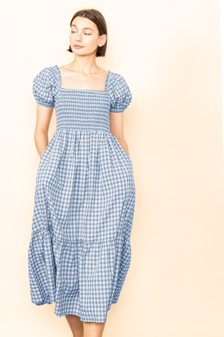 Blue Skies Gingham Puff Sleeves Smocked Midi Dress