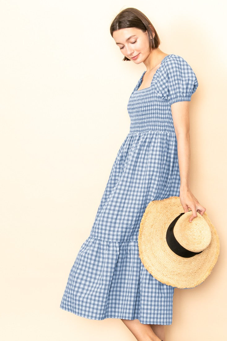 Blue Skies Gingham Puff Sleeves Smocked Midi Dress