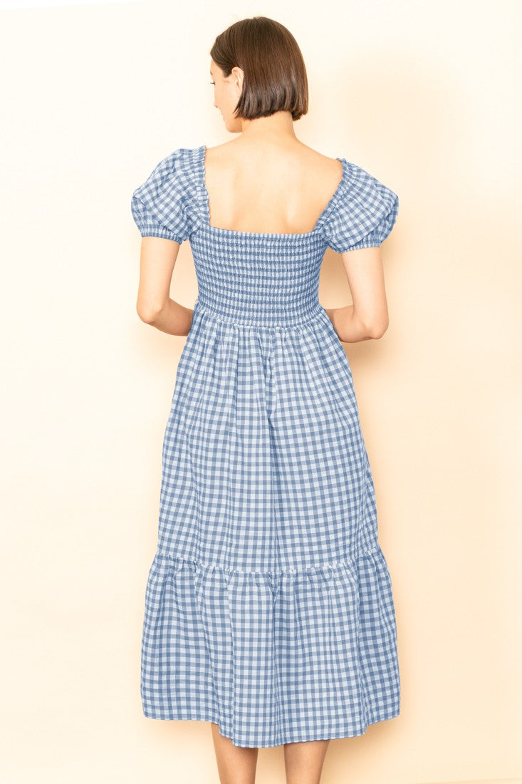 Blue Skies Gingham Puff Sleeves Smocked Midi Dress