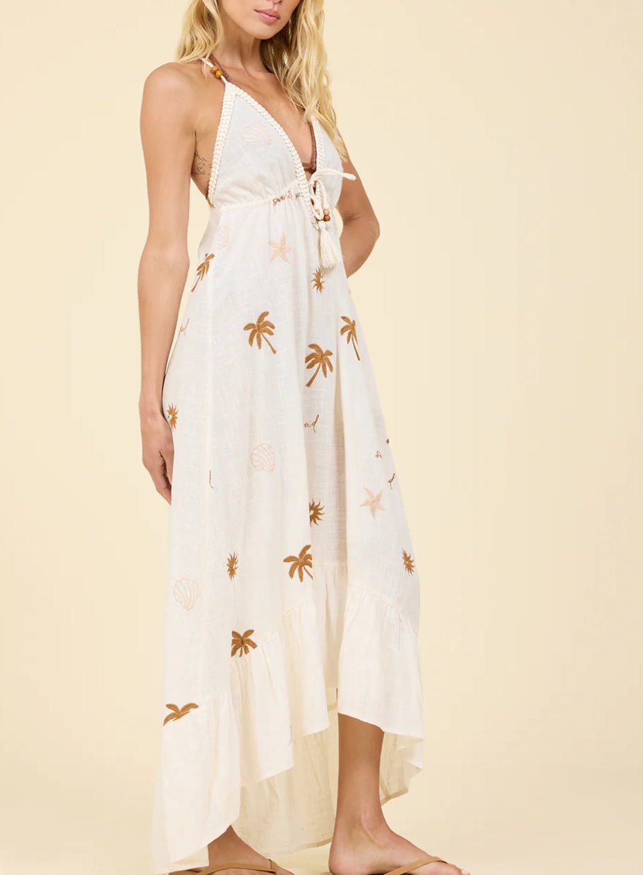 Surf Gypsy Sun and Sand Print Embroidered Maxi Dress