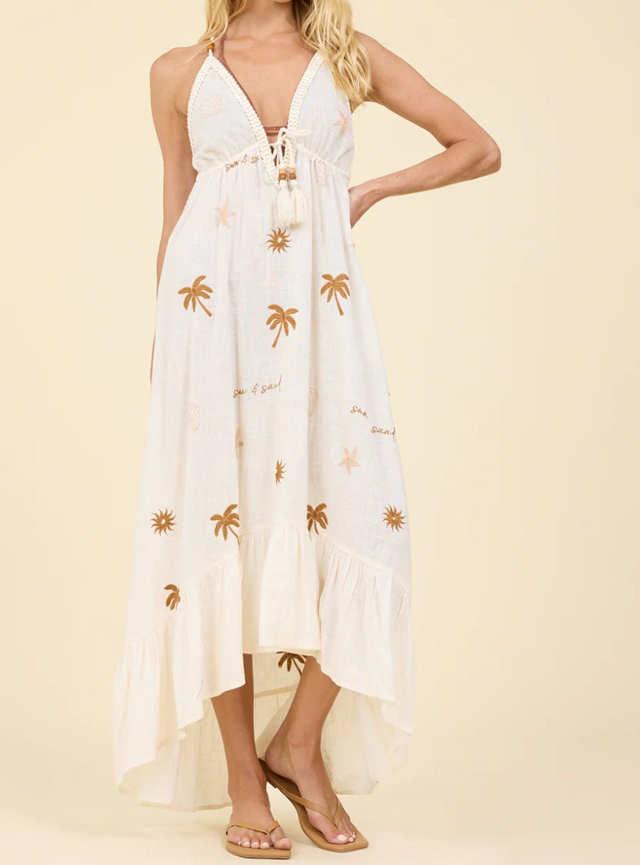 Surf Gypsy Sun and Sand Print Embroidered Maxi Dress