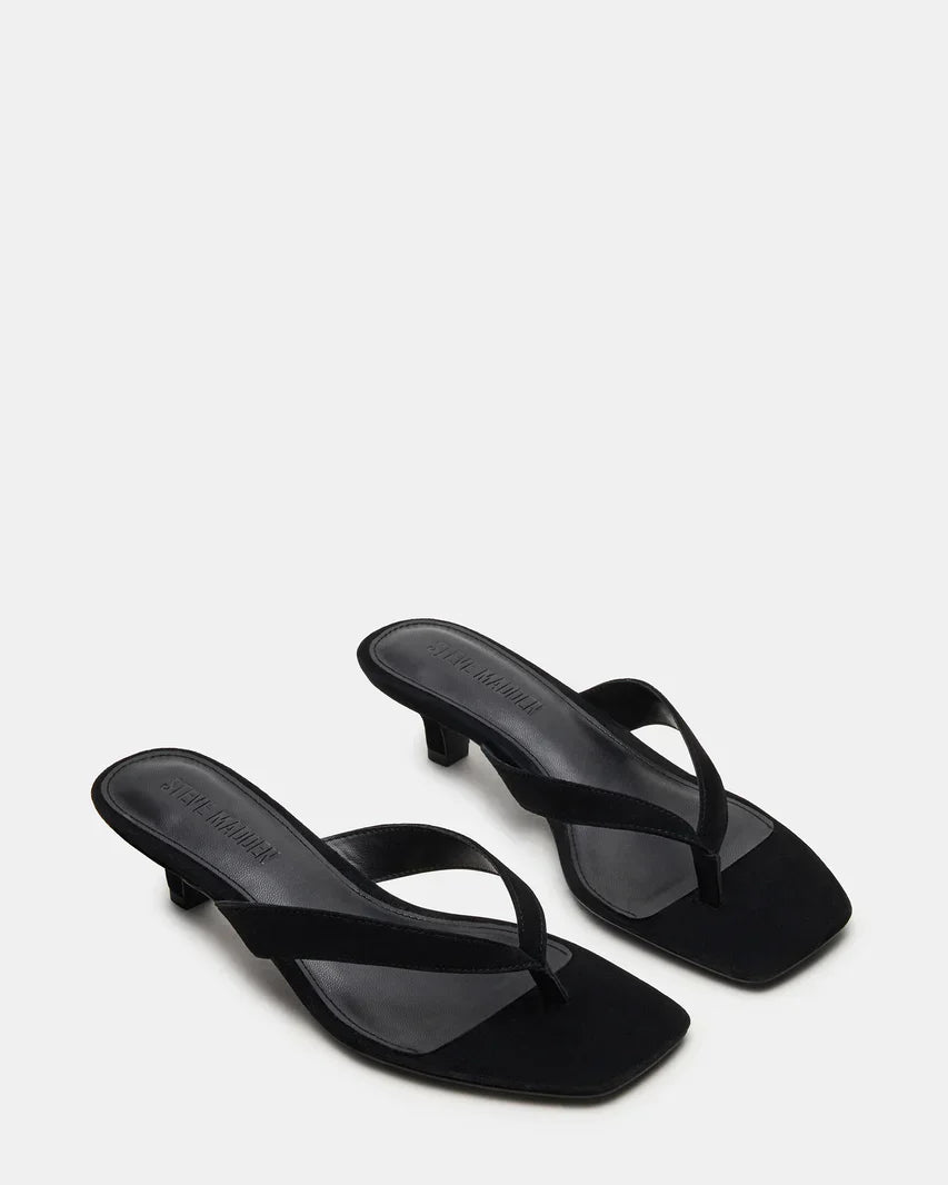 Tracie Black Suede Thong Strap Kitten Heels
