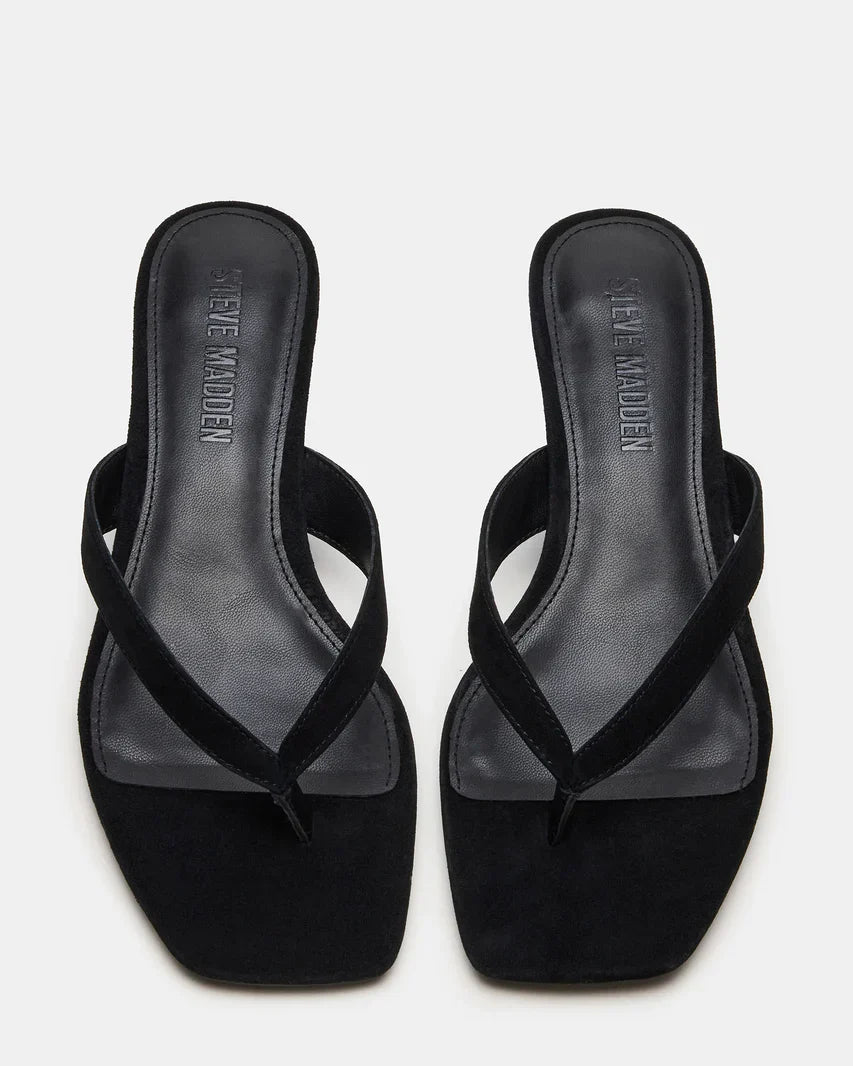 Tracie Black Suede Thong Strap Kitten Heels