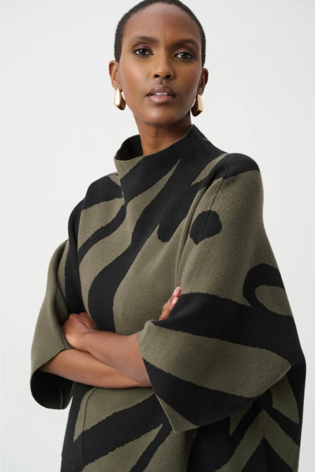 Abstract Jacquard Funnel-Neck Boxy Sweater