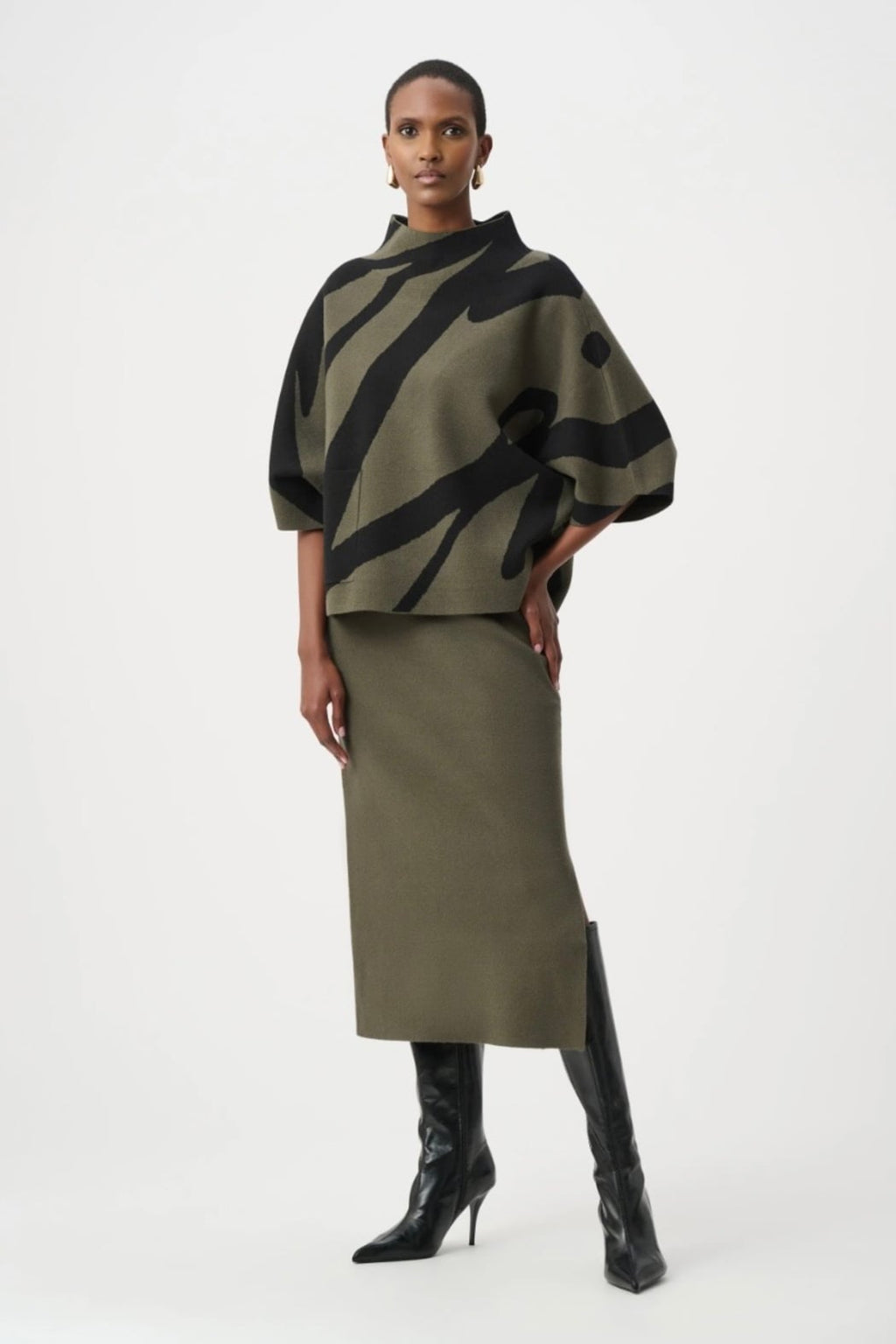 Abstract Jacquard Funnel-Neck Boxy Sweater