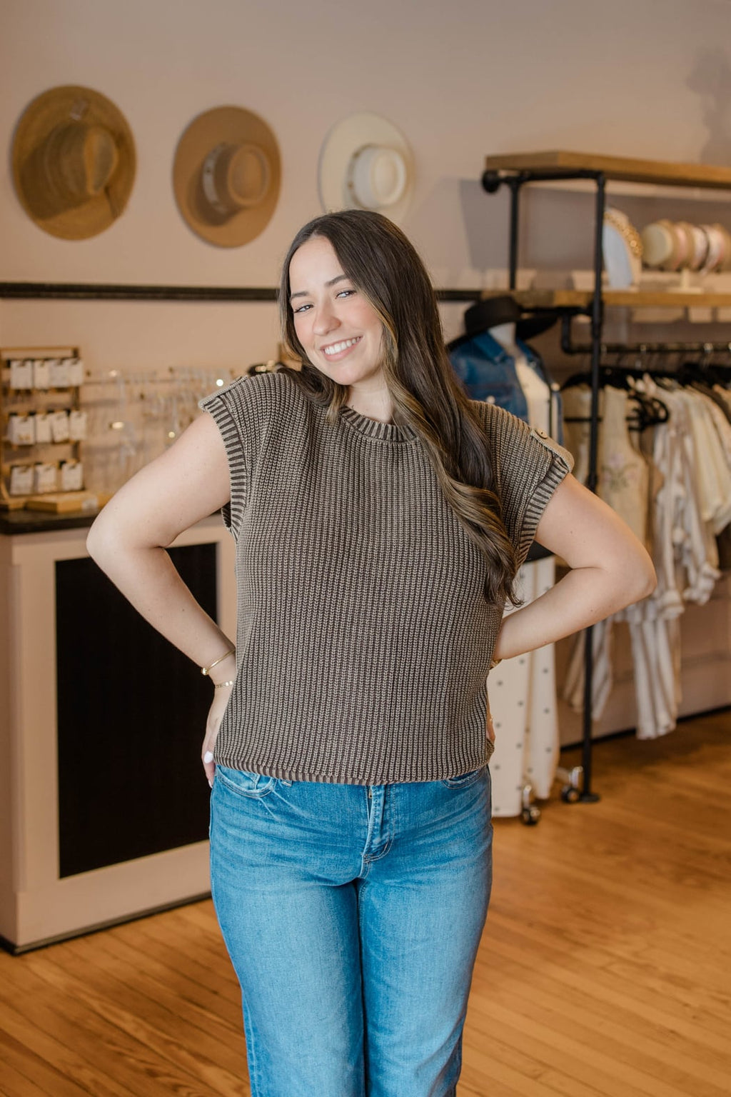 Acid Washed Back Button Knit Top