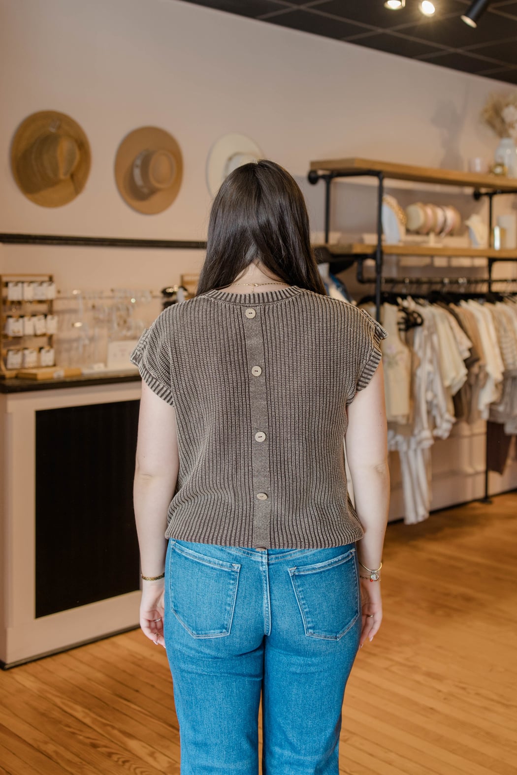 Acid Washed Back Button Knit Top
