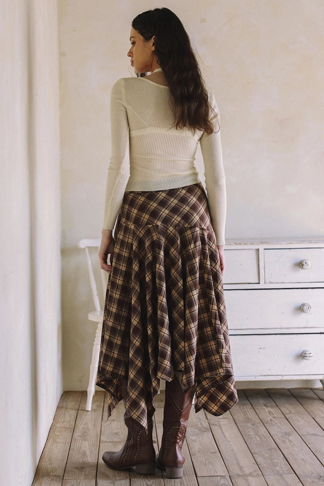 Asymmetrical Plaid Maxi Skirt