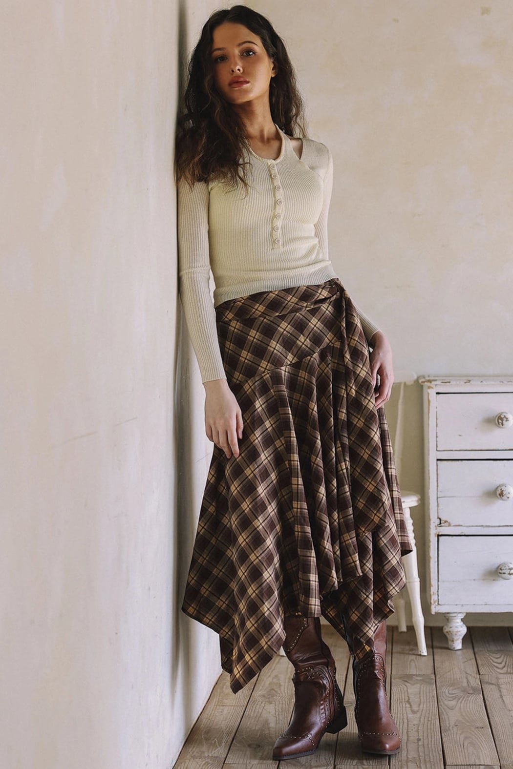 Asymmetrical Plaid Maxi Skirt