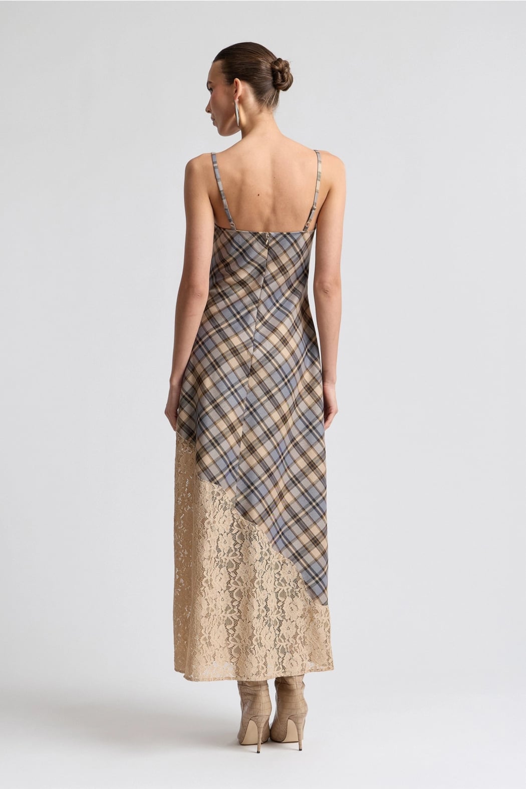 Avec Les Filles Lace Insert Plaid Maxi Dress