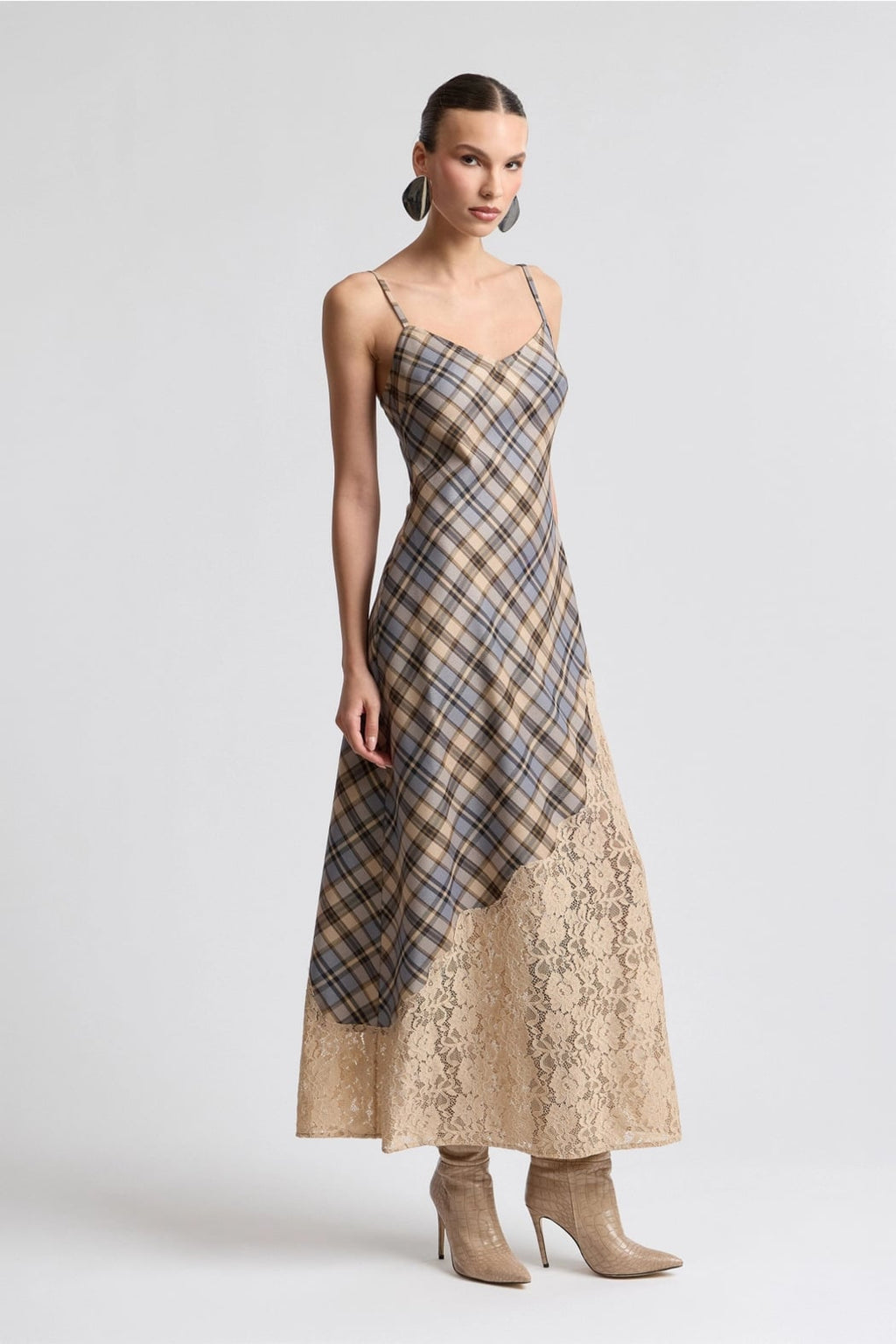 Avec Les Filles Lace Insert Plaid Maxi Dress