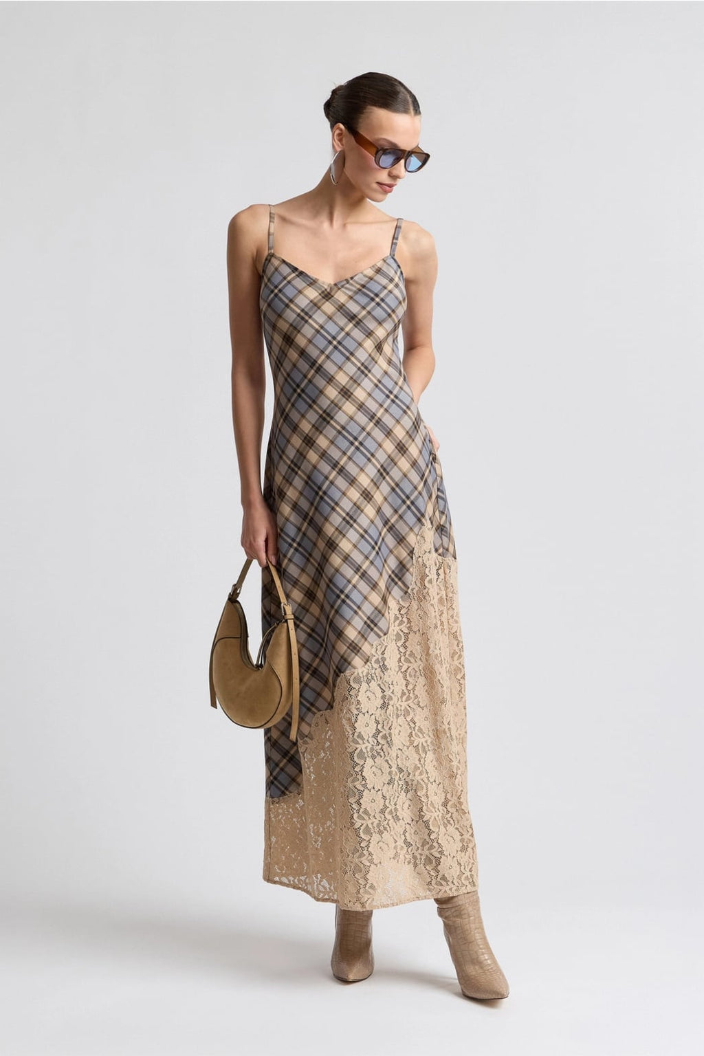 Avec Les Filles Lace Insert Plaid Maxi Dress