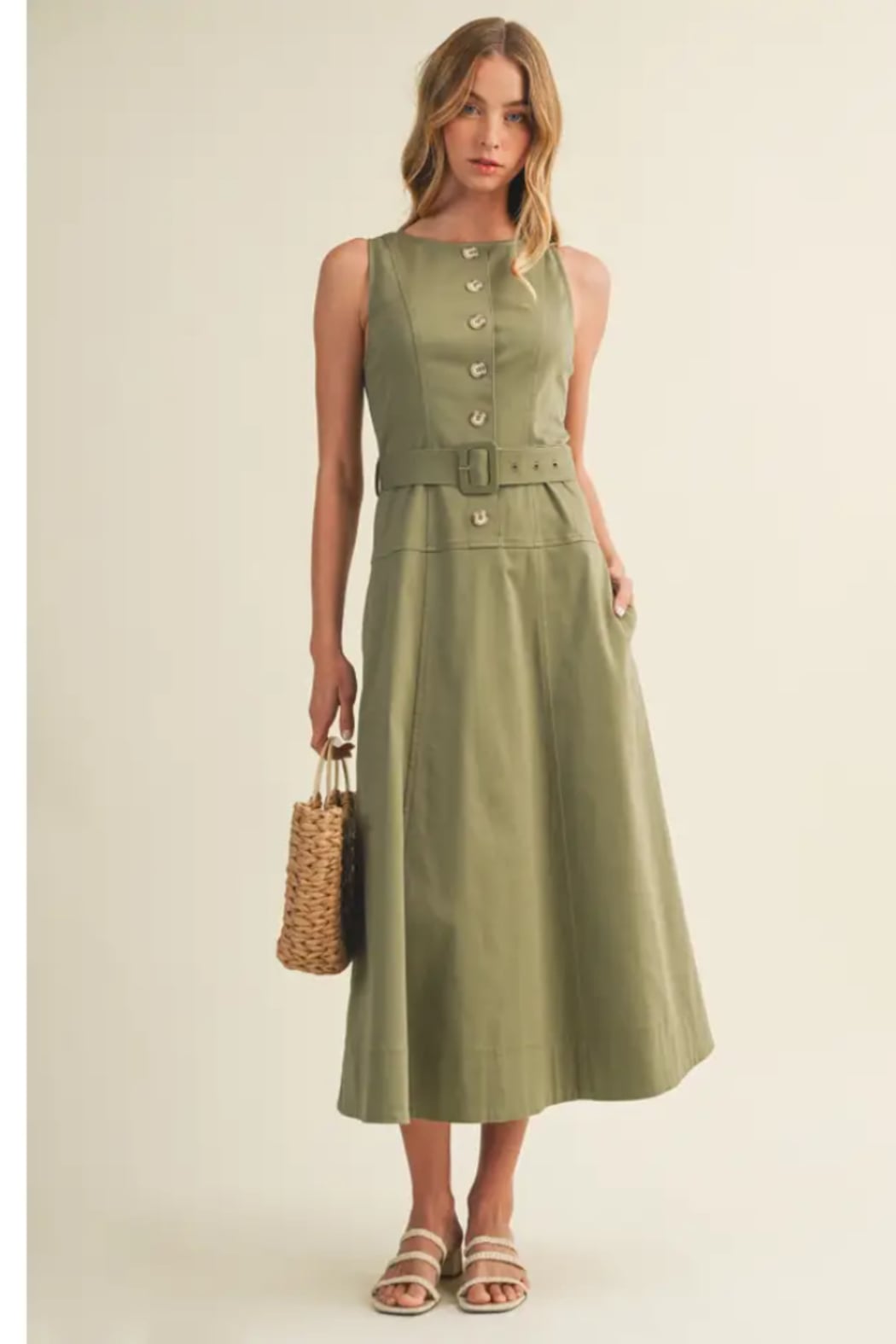 Belted Topstitch Maxi Dress
