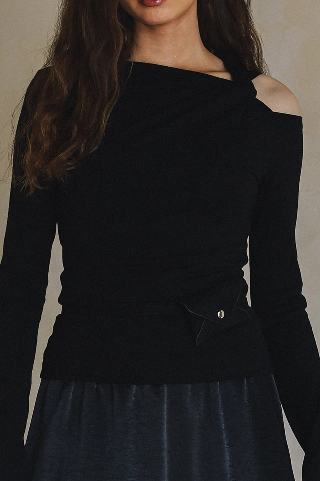 Black Long Sleeve Cut Out Shoulder Top
