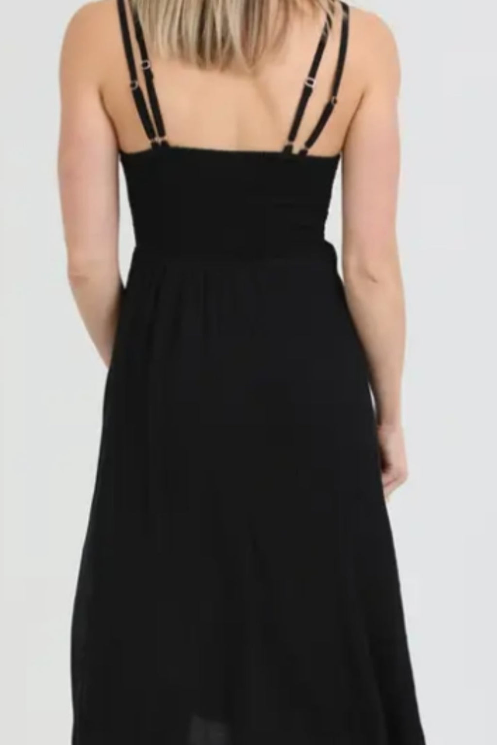 Black V Neck Double Straps Hanky Hem Lace Insert Midi Dress