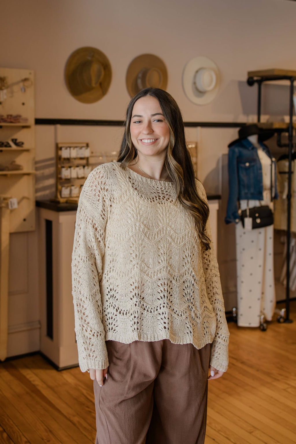Boat Neck Scalloped Hem Open Knit Sweater