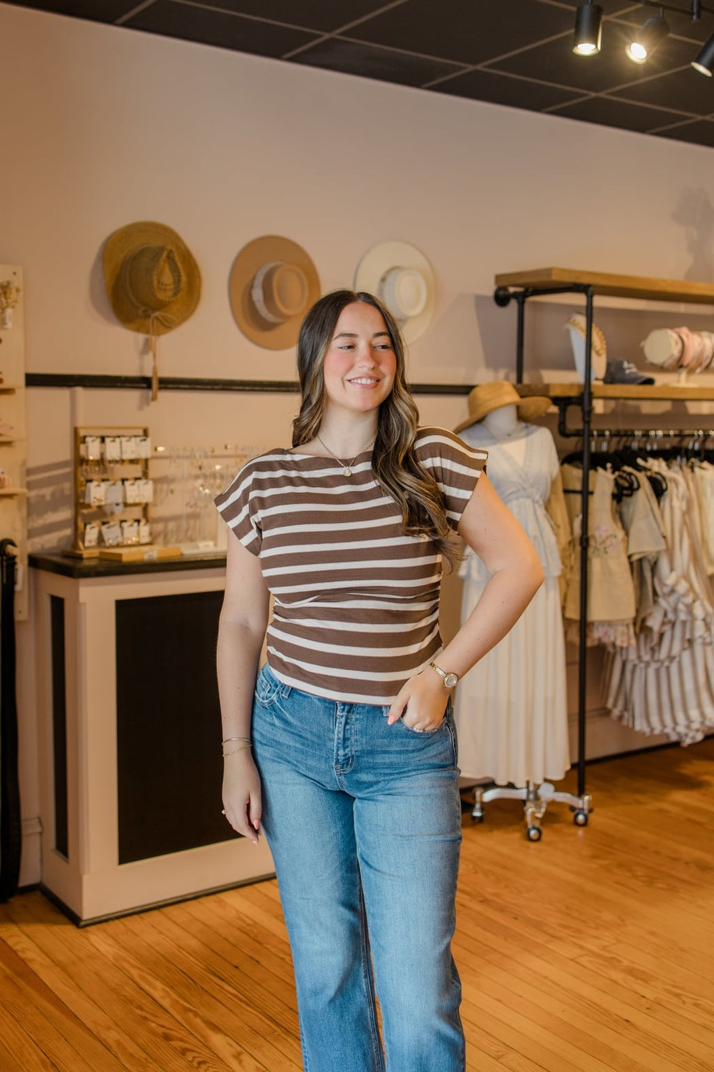 Boat Neck Side Ruching Stripe Top