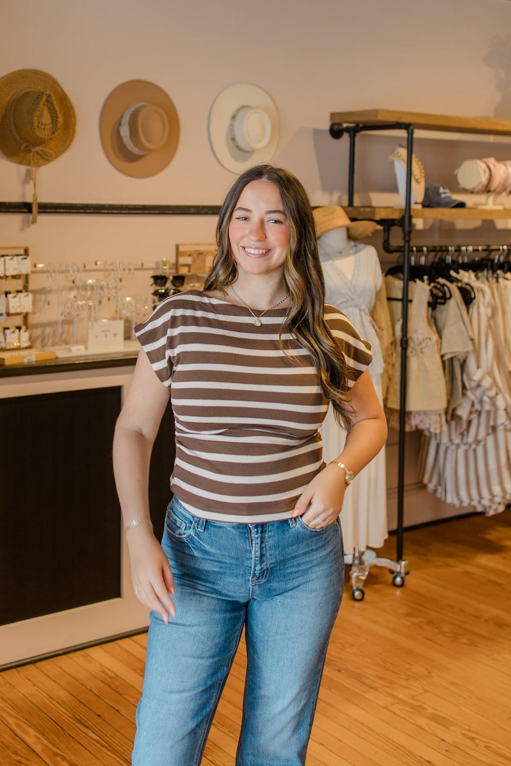 Boat Neck Side Ruching Stripe Top