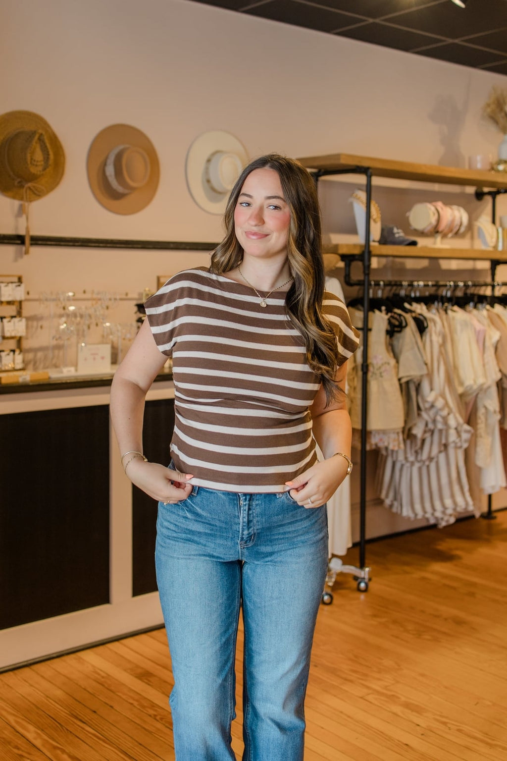 Boat Neck Side Ruching Stripe Top