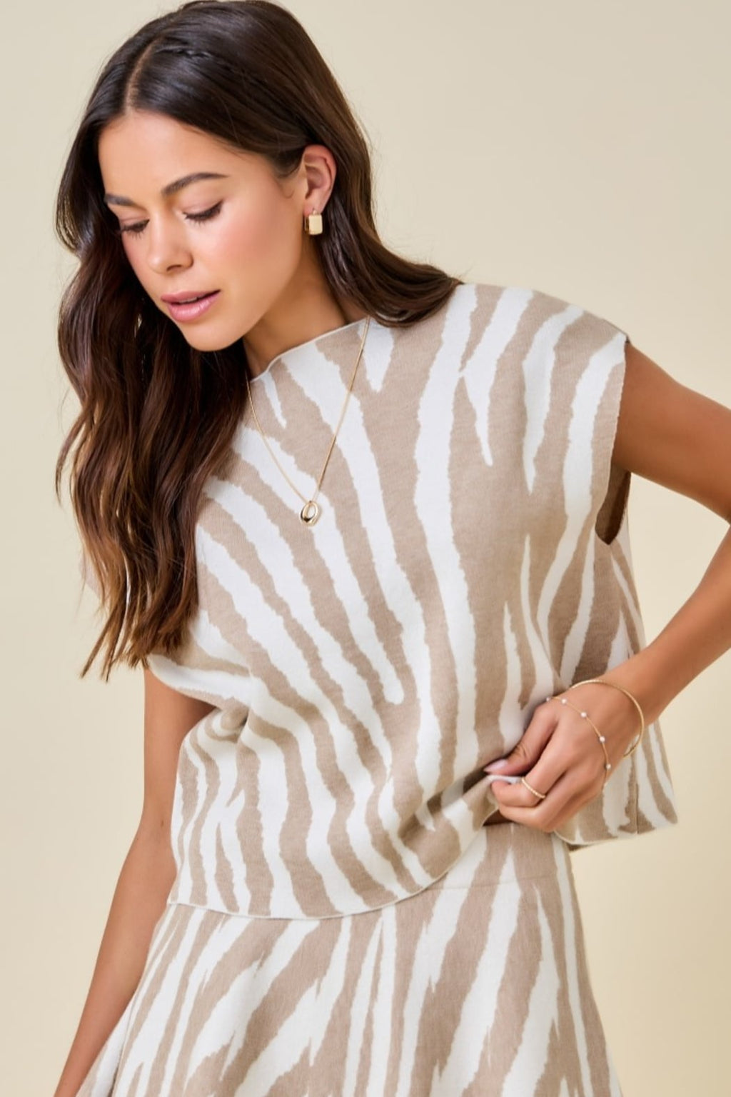 Boxy Tiger Print Mock Neck Knit Sweater Top