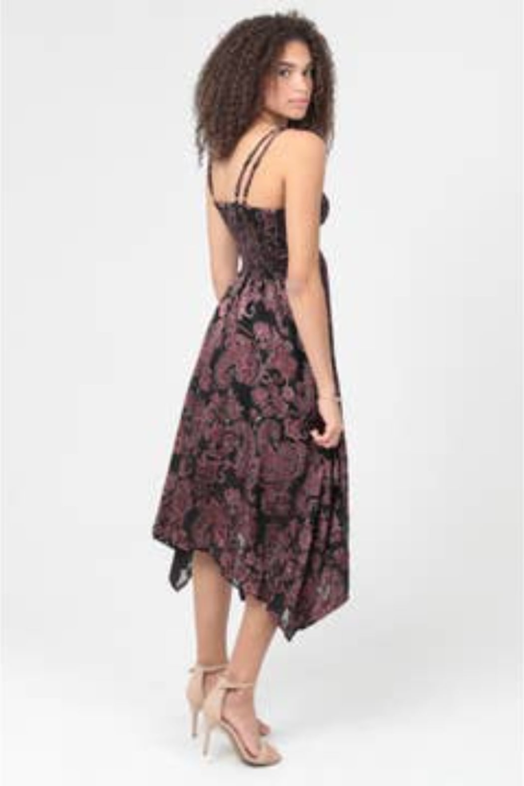 Burnout Paisley Print Hanky Hem Lace Trim Midi Dress
