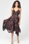 Burnout Paisley Print Hanky Hem Lace Trim Midi Dress