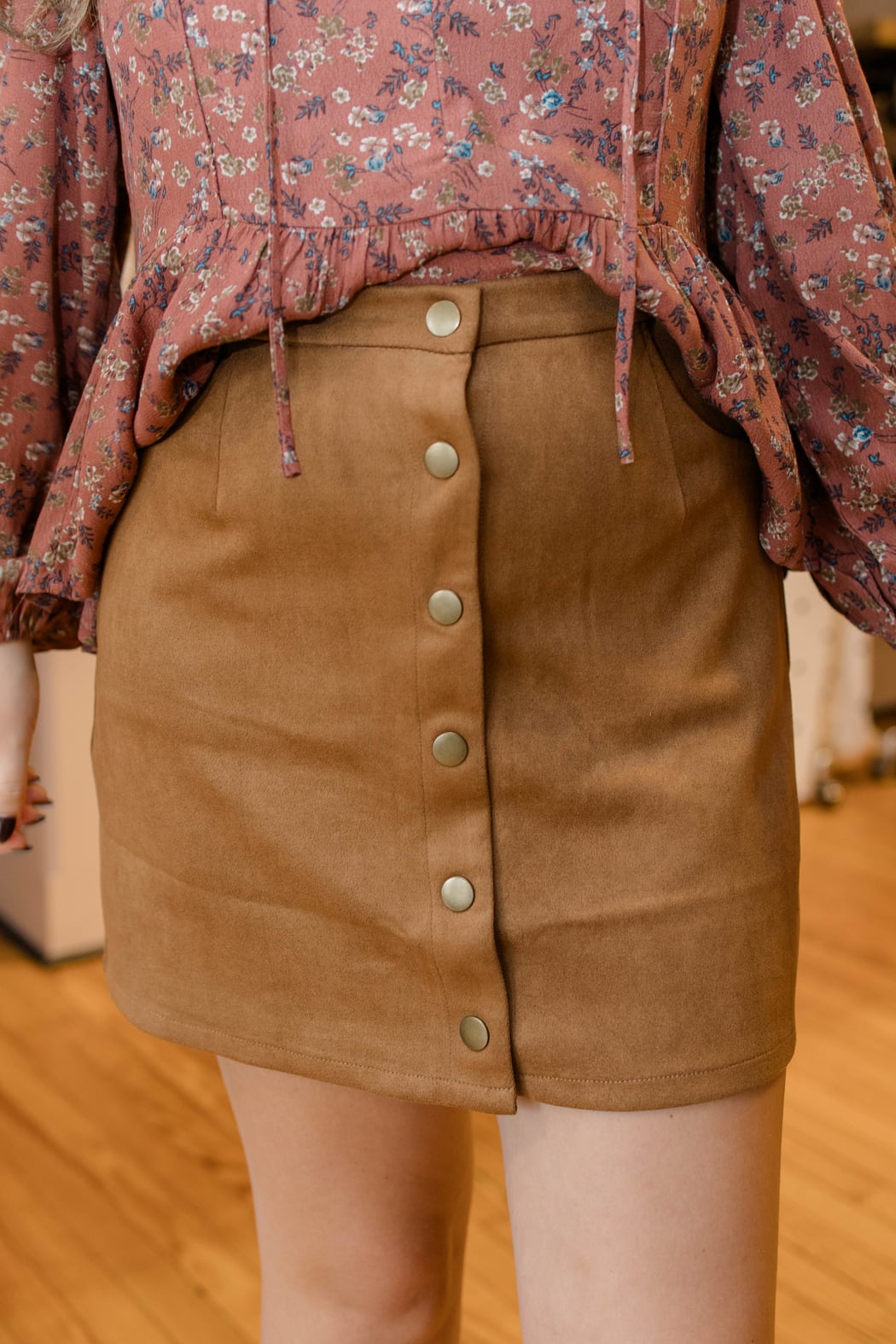 Button Down Faux Suede Mini Skirt
