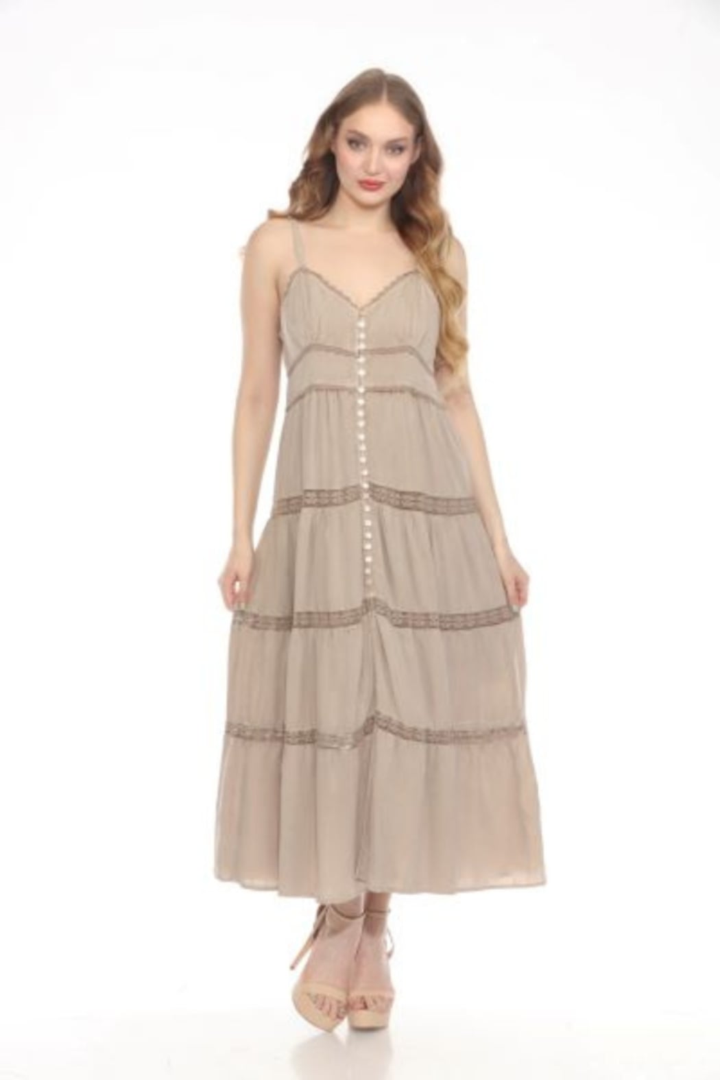 Button Front Spaghetti Strap Maxi Dress in Sand