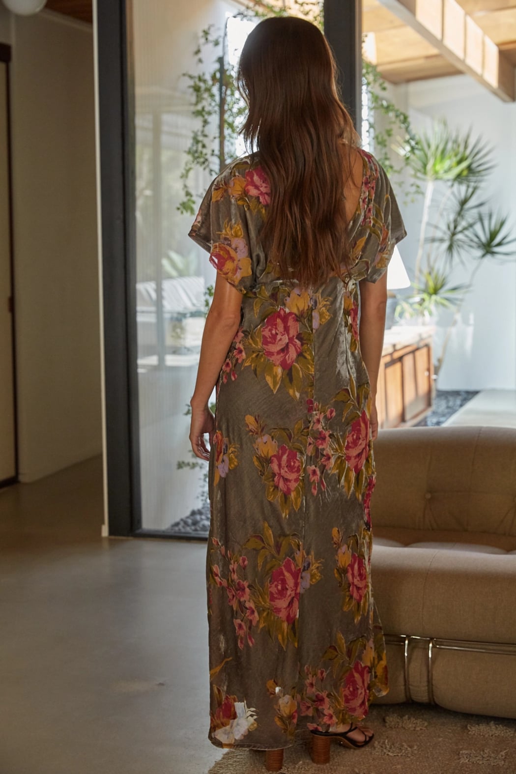 By Together Grey Burgundy Floral Short Sleeve Maxi Dress