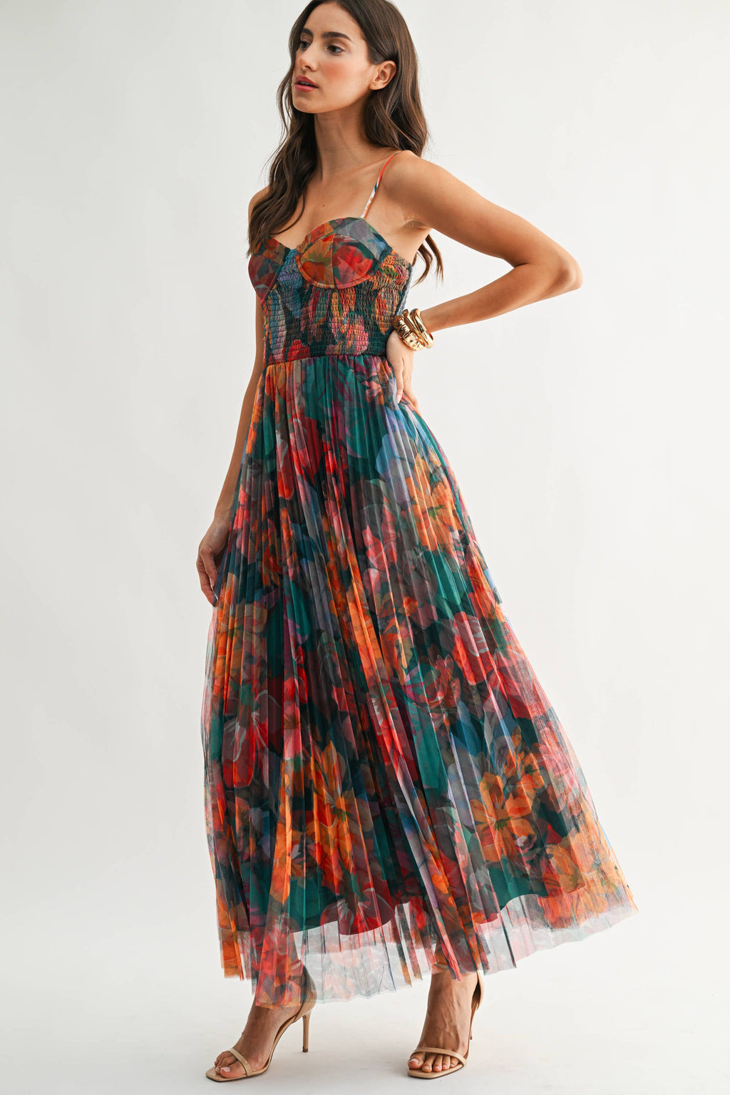 MIDNIGHT BLOOM PLEATED MAXI DRESS *FS
