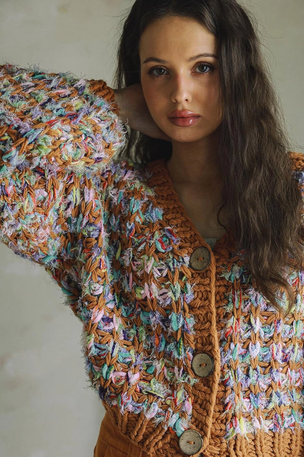 Camel Multicolor Hand Knit Crop Sweater Cardigan