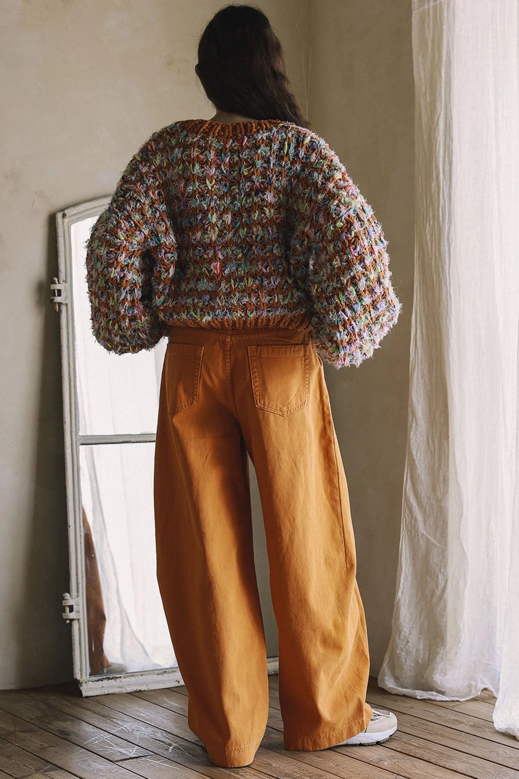 Camel Multicolor Hand Knit Crop Sweater Cardigan