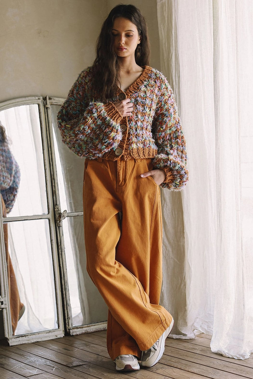Camel Multicolor Hand Knit Crop Sweater Cardigan